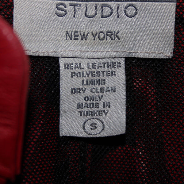 Stillman Studio Sz S Red Black Sheer Collared Leather Leaves Polyester Jacket