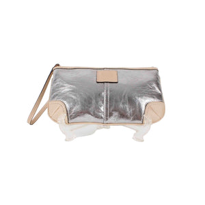 Coach 6 x 10 x .5 Silver Tan Leather Zip Top Inside Pockets Wristlet