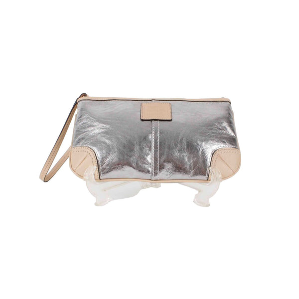 Coach 6 x 10 x .5 Silver Tan Leather Zip Top Inside Pockets Wristlet