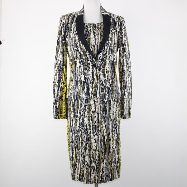W118 By Walter Baker Sz M/L Black Yellow Cream Cotton Spandex 2 Pc Jacket Dress