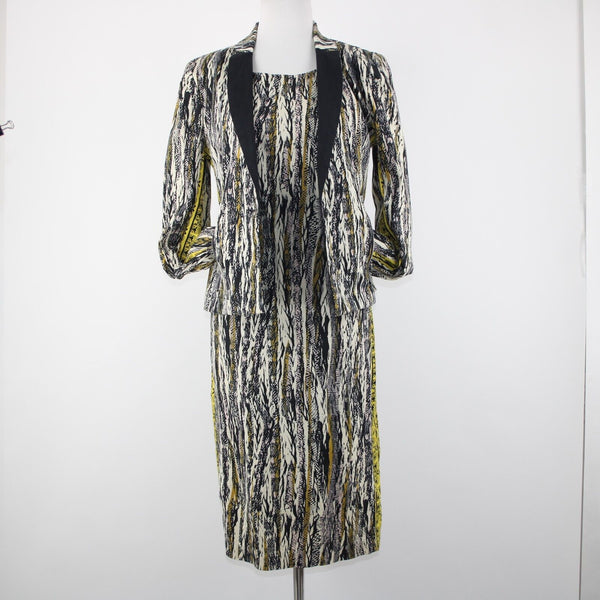 W118 By Walter Baker Sz M/L Black Yellow Cream Cotton Spandex 2 Pc Jacket Dress