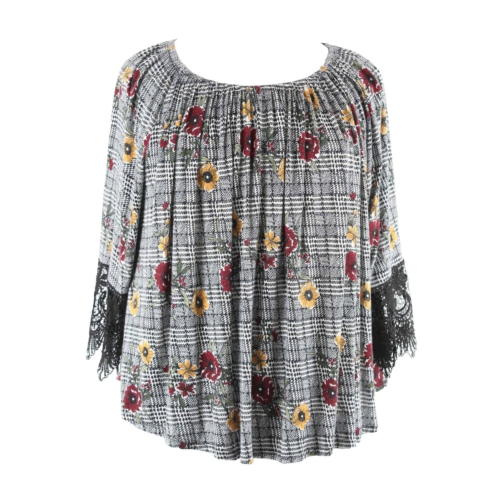 Liberty Love Sz 1XL Black Multi Elastic Neck Lace Cuff Rayon Blend Top