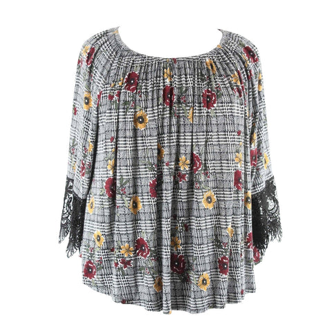 Liberty Love Sz 1XL Black Multi Elastic Neck Lace Cuff Rayon Blend Top