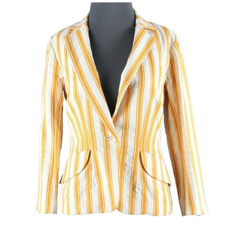 Lida Baday Sz 4 Cream Orange Striped Linen Blend Lined Blazer Jacket