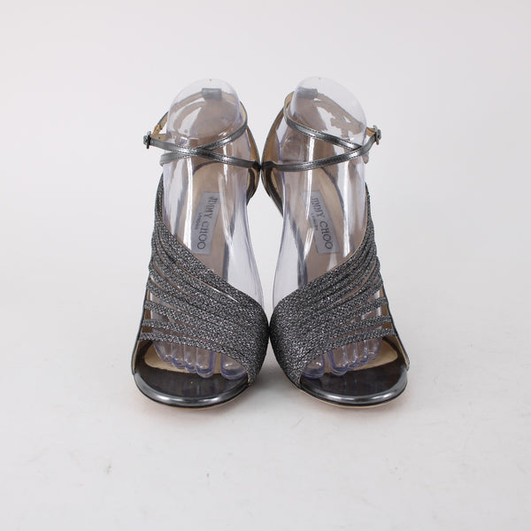 Jimmy Choo Heels Sz 40 Silver Glitter Stiletto Strappy Leather 4.5" Heels