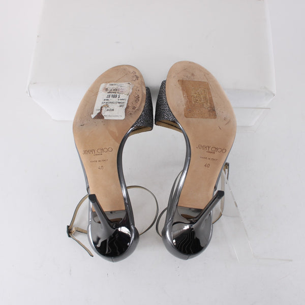 Jimmy Choo Heels Sz 40 Silver Glitter Stiletto Strappy Leather 4.5" Heels