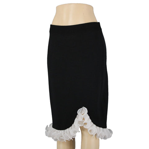 Terani Sz 12 Black White Ruffled Pleated Elastic Waist Wool Rayon Skirt