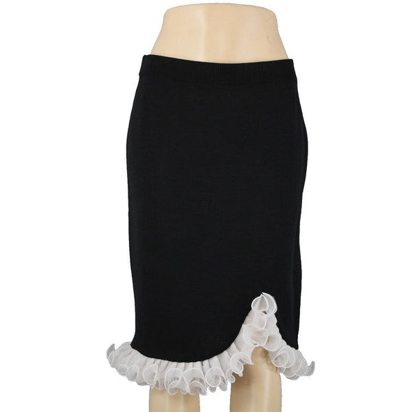 Terani Sz 12 Black White Ruffled Pleated Elastic Waist Wool Rayon Skirt