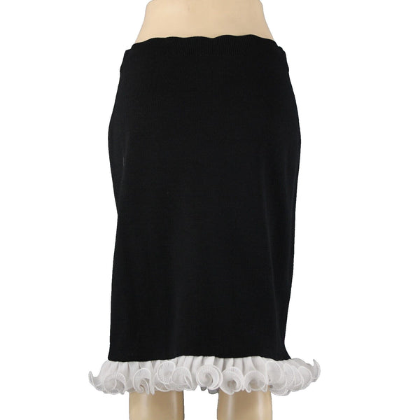 Terani Sz 12 Black White Ruffled Pleated Elastic Waist Wool Rayon Skirt