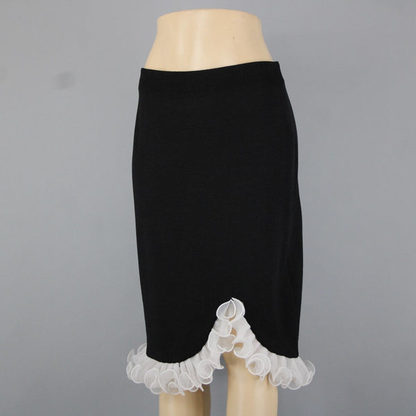 Terani Sz 12 Black White Ruffled Pleated Elastic Waist Wool Rayon Skirt