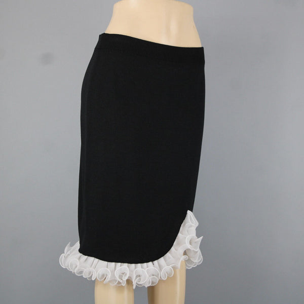 Terani Sz 12 Black White Ruffled Pleated Elastic Waist Wool Rayon Skirt