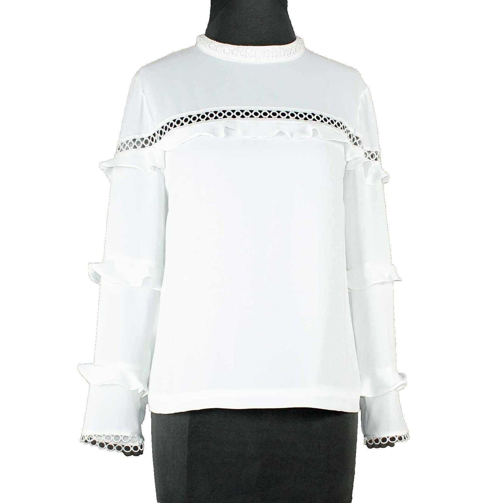 J Crew Sz 6 White Lined Ruffle Detail Lace Insert 100% Polyester Top