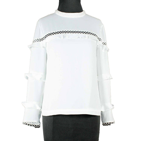 J Crew Sz 6 White Lined Ruffle Detail Lace Insert 100% Polyester Top