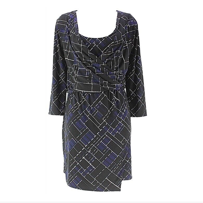 White House Black Market Sz M Black White Navy Wrap Scoop Neck Poly Blend Dress