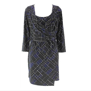 White House Black Market Sz M Black White Navy Wrap Scoop Neck Poly Blend Dress