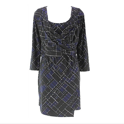 White House Black Market Sz M Black White Navy Wrap Scoop Neck Poly Blend Dress