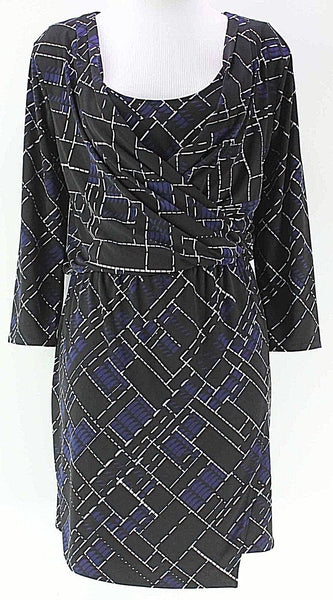 White House Black Market Sz M Black White Navy Wrap Scoop Neck Poly Blend Dress