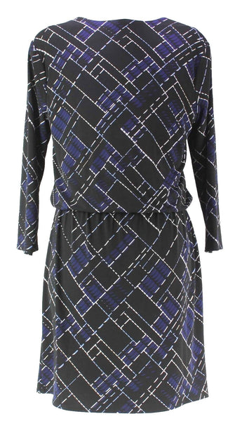 White House Black Market Sz M Black White Navy Wrap Scoop Neck Poly Blend Dress