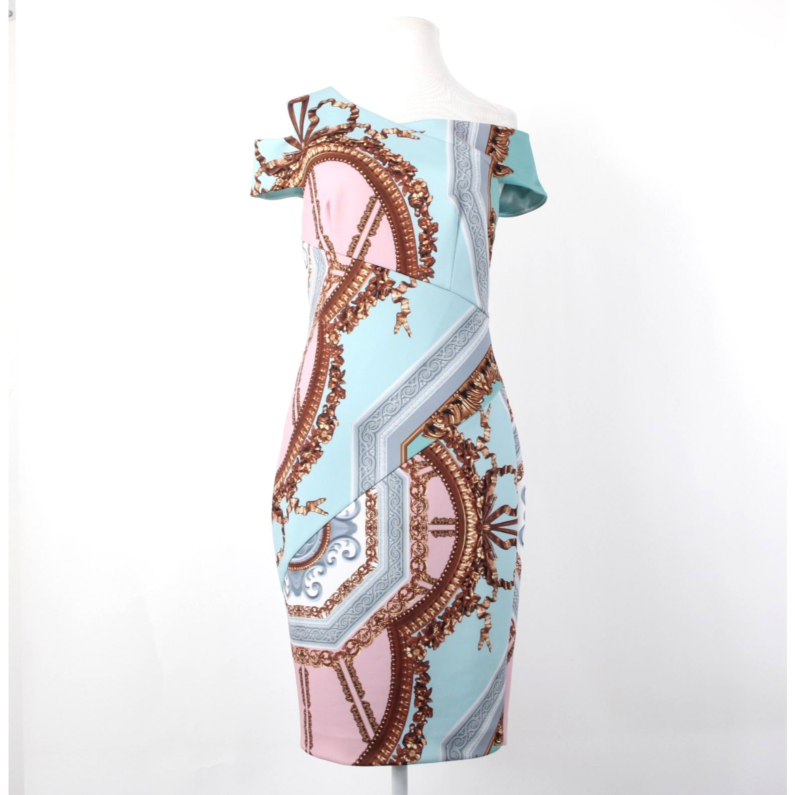 Ted Baker NEW $315 Sz 2 Aqua Pink Versailles Print Poly Blend Body Con Dress