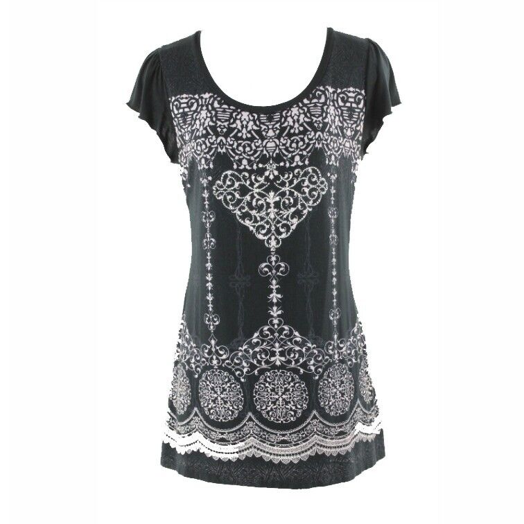 BLEU Sz S Black Lavender Silver Rhinestone Rayon Spandex Nylon Lace Top