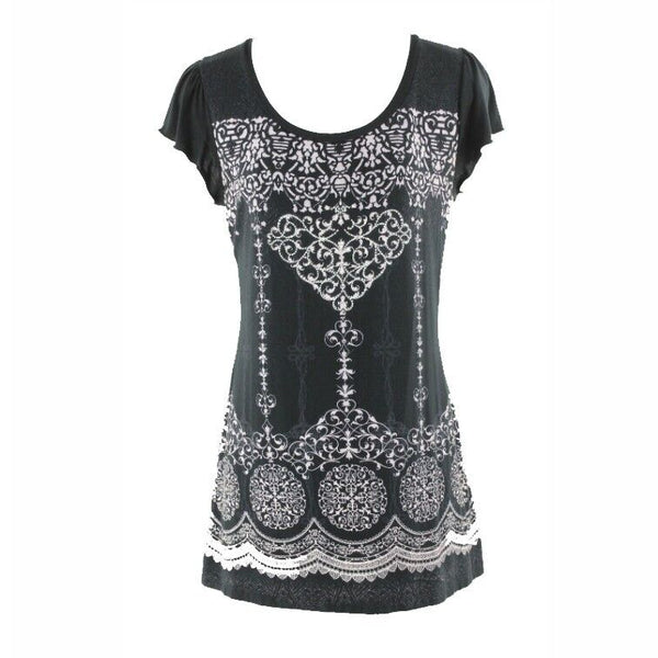 BLEU Sz S Black Lavender Silver Rhinestone Rayon Spandex Nylon Lace Top