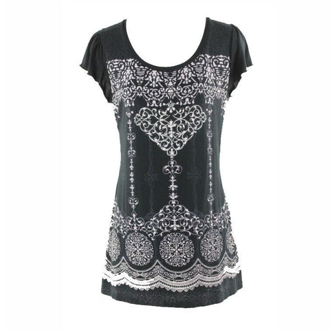BLEU Sz S Black Lavender Silver Rhinestone Rayon Spandex Nylon Lace Top