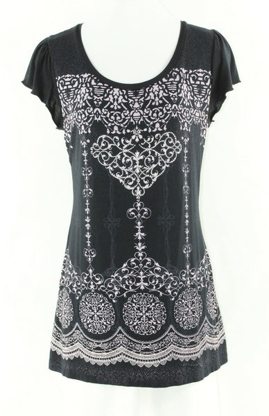 BLEU Sz S Black Lavender Silver Rhinestone Rayon Spandex Nylon Lace Top