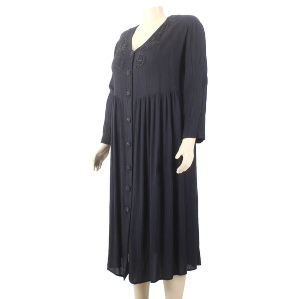 Carole Little Dress Sz 22 Black Buttons Ruffles Embroidered 100% Rayon Dress