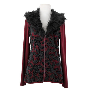 Boston Proper Sz S Burgundy Red Black Detach Faux Fur Lace Viscose Cardigan