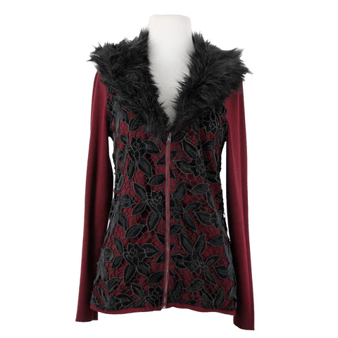 Boston Proper Sz S Burgundy Red Black Detach Faux Fur Lace Viscose Cardigan
