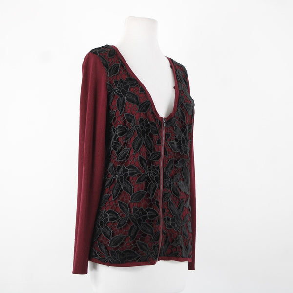 Boston Proper Sz S Burgundy Red Black Detach Faux Fur Lace Viscose Cardigan