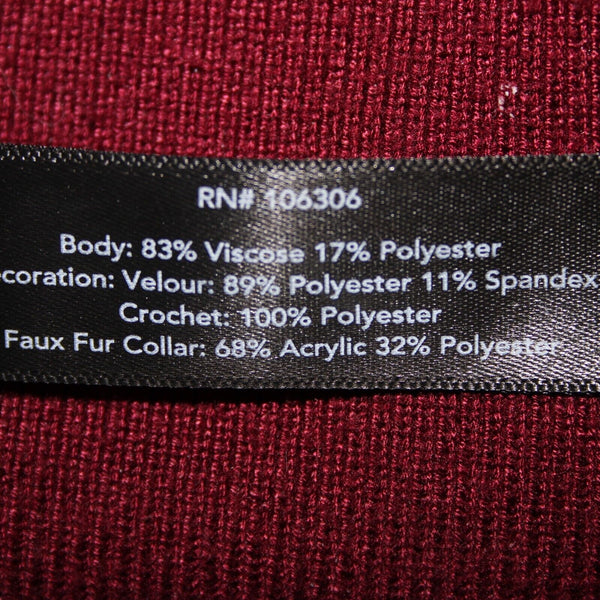 Boston Proper Sz S Burgundy Red Black Detach Faux Fur Lace Viscose Cardigan
