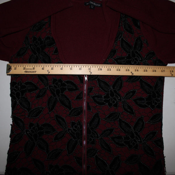 Boston Proper Sz S Burgundy Red Black Detach Faux Fur Lace Viscose Cardigan