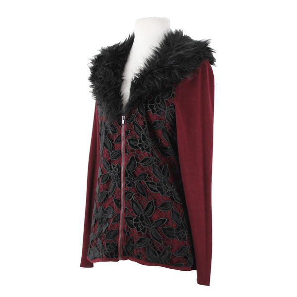 Boston Proper Sz S Burgundy Red Black Detach Faux Fur Lace Viscose Cardigan