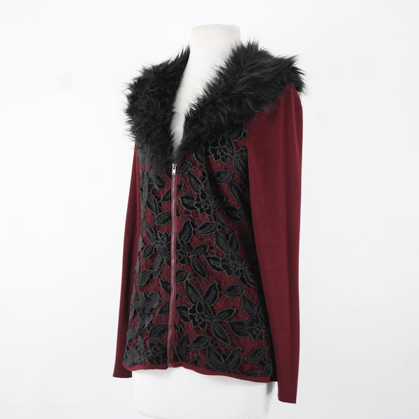 Boston Proper Sz S Burgundy Red Black Detach Faux Fur Lace Viscose Cardigan