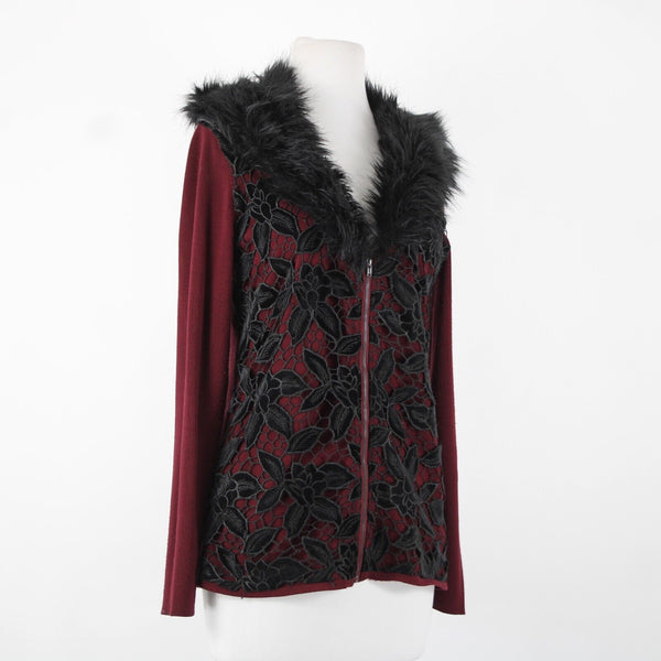 Boston Proper Sz S Burgundy Red Black Detach Faux Fur Lace Viscose Cardigan