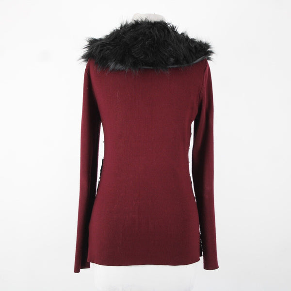 Boston Proper Sz S Burgundy Red Black Detach Faux Fur Lace Viscose Cardigan