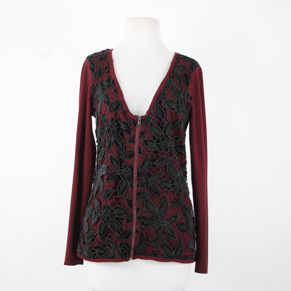 Boston Proper Sz S Burgundy Red Black Detach Faux Fur Lace Viscose Cardigan