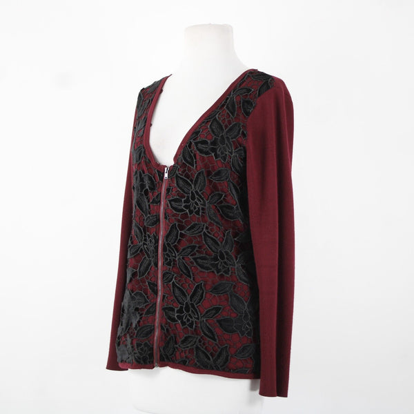 Boston Proper Sz S Burgundy Red Black Detach Faux Fur Lace Viscose Cardigan