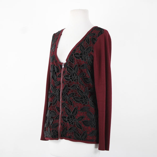 Boston Proper Sz S Burgundy Red Black Detach Faux Fur Lace Viscose Cardigan
