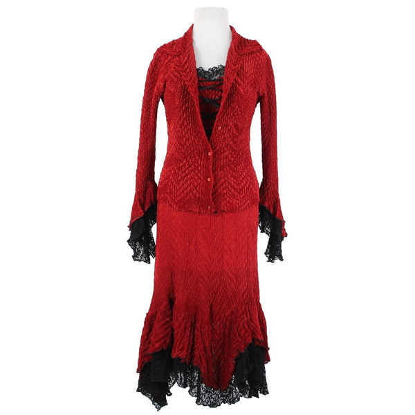 Komarov Sz S Red Black Lace Trim Corset Laced 100% Polyester 3 Piece Skirt Suit