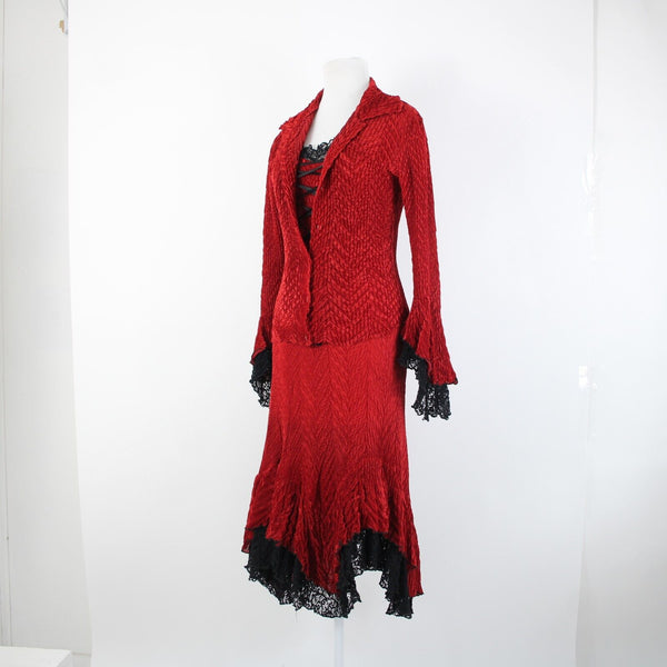 Komarov Sz S Red Black Lace Trim Corset Laced 100% Polyester 3 Piece Skirt Suit