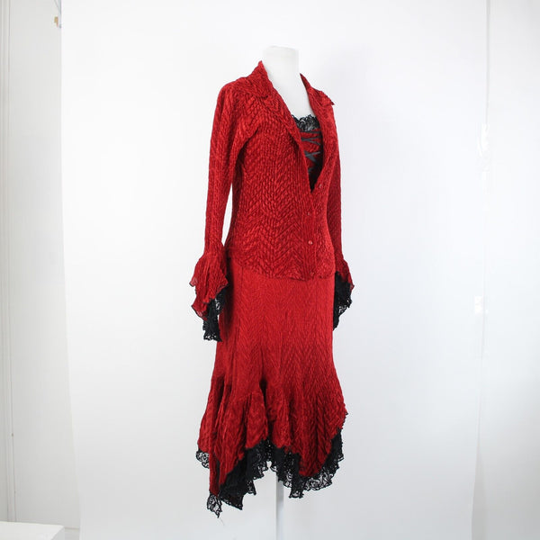 Komarov Sz S Red Black Lace Trim Corset Laced 100% Polyester 3 Piece Skirt Suit