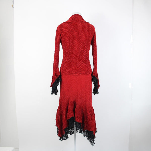 Komarov Sz S Red Black Lace Trim Corset Laced 100% Polyester 3 Piece Skirt Suit