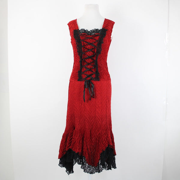 Komarov Sz S Red Black Lace Trim Corset Laced 100% Polyester 3 Piece Skirt Suit