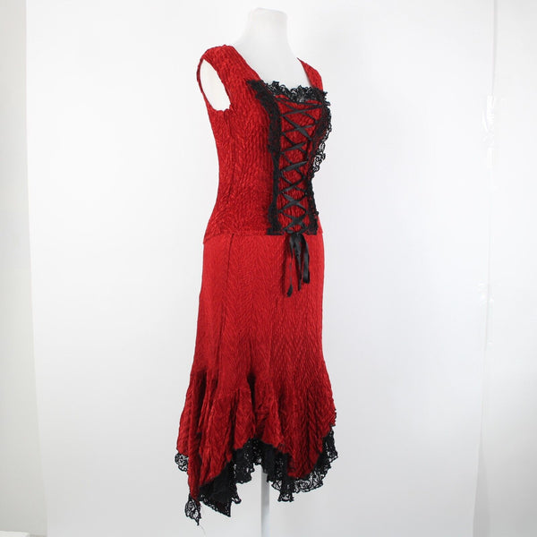 Komarov Sz S Red Black Lace Trim Corset Laced 100% Polyester 3 Piece Skirt Suit
