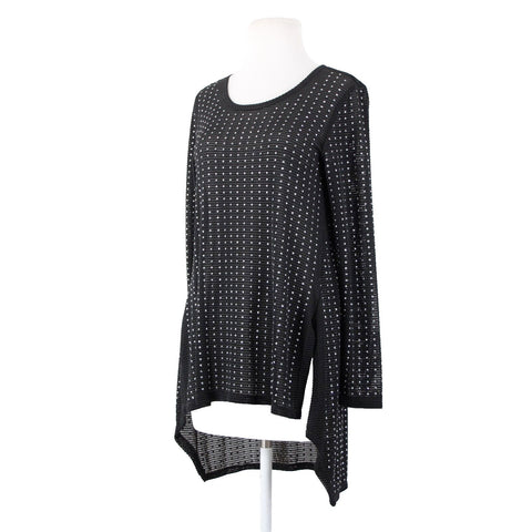 Joseph Ribkoff Sz 8 Black Silver Studded Open Knit Asymmetrical Jersey Hi Lo Top