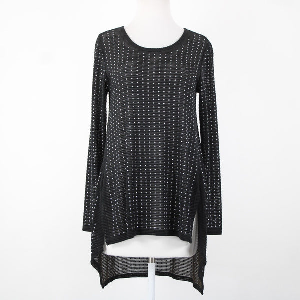 Joseph Ribkoff Sz 8 Black Silver Studded Open Knit Asymmetrical Jersey Hi Lo Top
