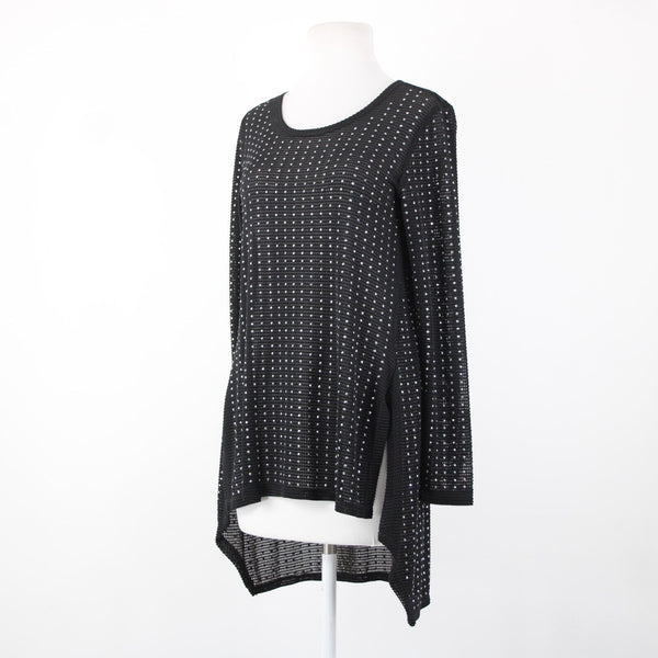 Joseph Ribkoff Sz 8 Black Silver Studded Open Knit Asymmetrical Jersey Hi Lo Top