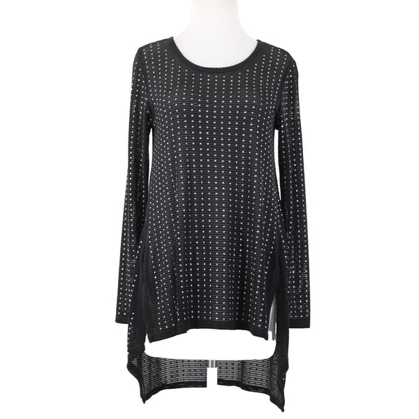 Joseph Ribkoff Sz 8 Black Silver Studded Open Knit Asymmetrical Jersey Hi Lo Top